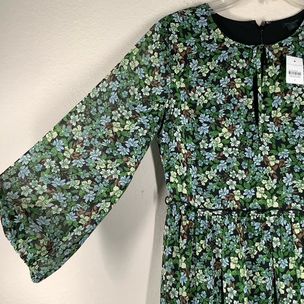 ANN TAYLOR Green Floral Tiered Dress Long Sleeve Midi NEW Ditsy Career Boho 2 - Picture 5 of 13